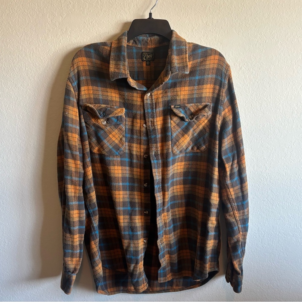 Obey Men’s Flannel Shirt XL Brown Orange Blue Plaid Long Sleeve 100% Cotton